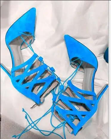 

High Quality Blue Pink Suede Lace-up Strappy Pumps High Heel Pointed Toe Cut-out Sandal For Women Ankle Strap Dress shoes woman