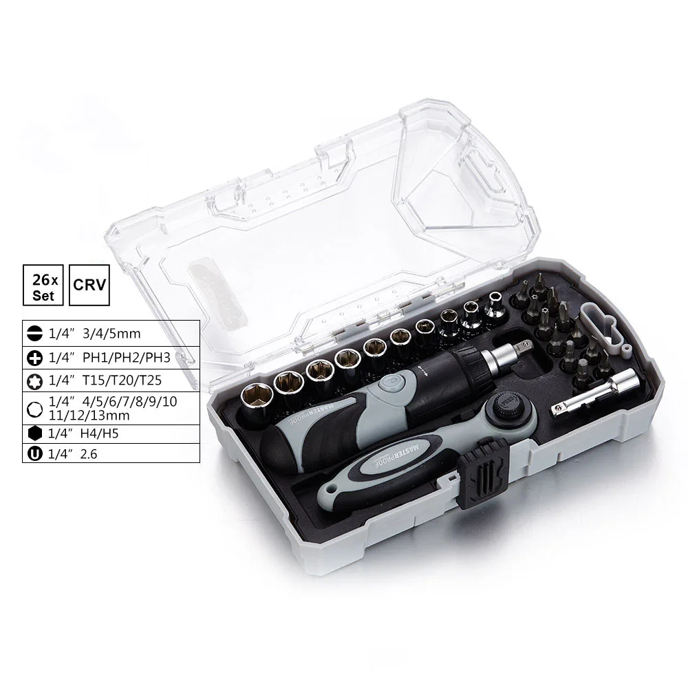 The utility model relates to a 26 piece ratchet screwdriver, a set of combined tools, a multifunctional screwdriver and a ratche The utility model relates to a 26 piece ratchet screwdriver, a set of combined tools, a multifunctional screwdriver and a ratche