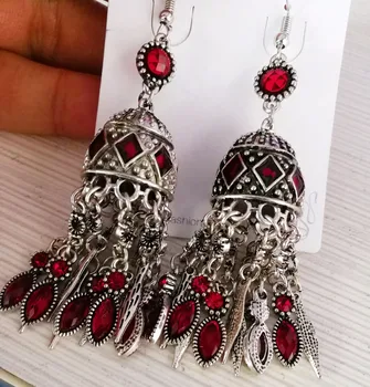 Indian Unique Vintage Silver Metal Tassel Statement Long Drop Earrings Rhinestone for Women Bohemian Thailand Nepal Ears Jewelry
