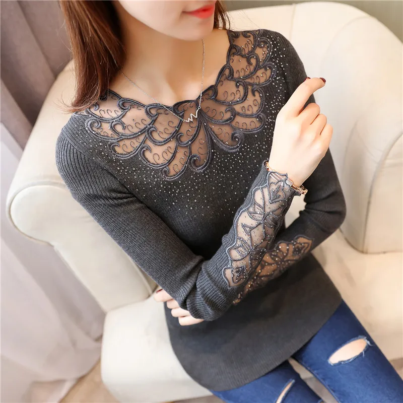 Fashion Hollow Out Women Sweaters Knitted Long Sleeve Spring Autumn Lace Patchwork Pullovers Sexy Blusas Mujer Body Top 