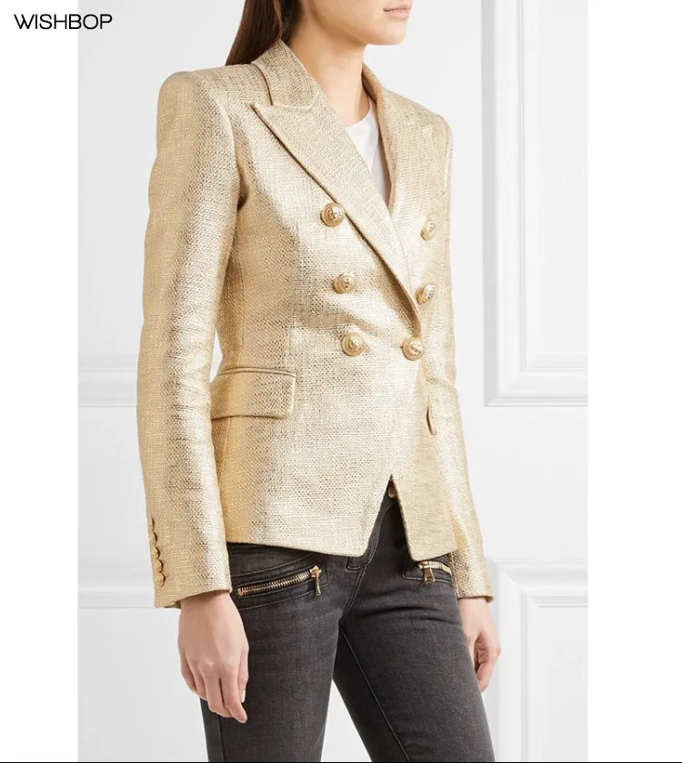 

2018 Luxury Runway Ladies Fashion Gold Tweeded Blazer Lapel Collar Front Button-up Flap Pockets Long Sleeves TOP QUALITY