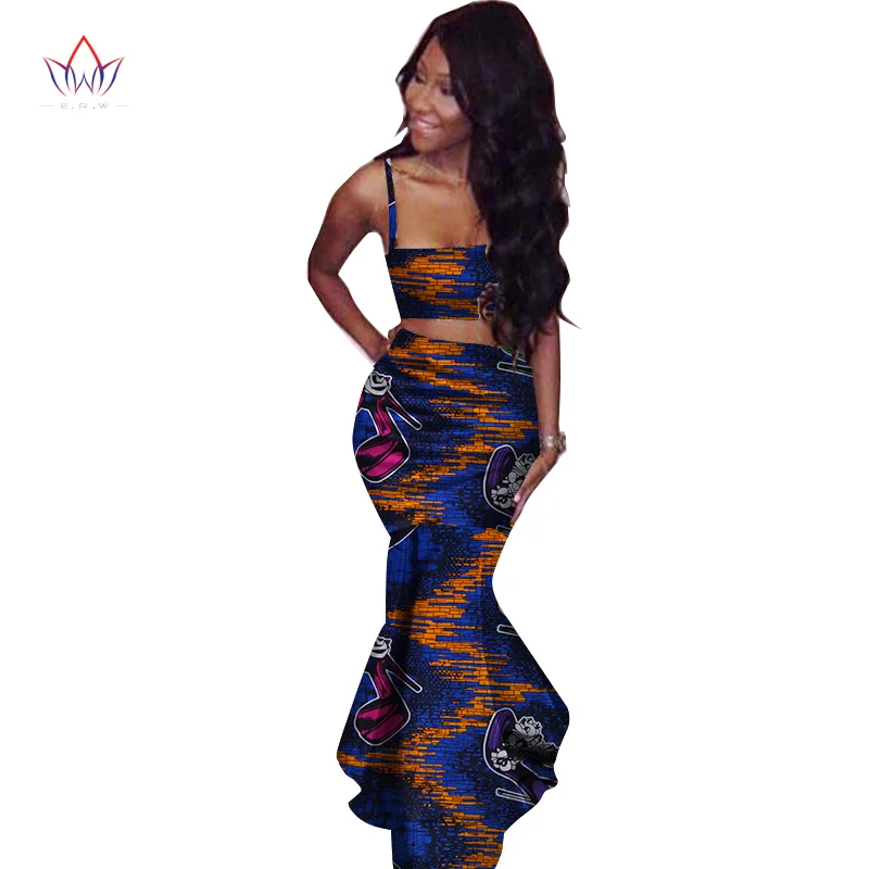 

2019 African Print Two Piece Set Dashiki African Clothes for Women Bazin Square Collar Sleeveless Crop Skirt and Top WY2221