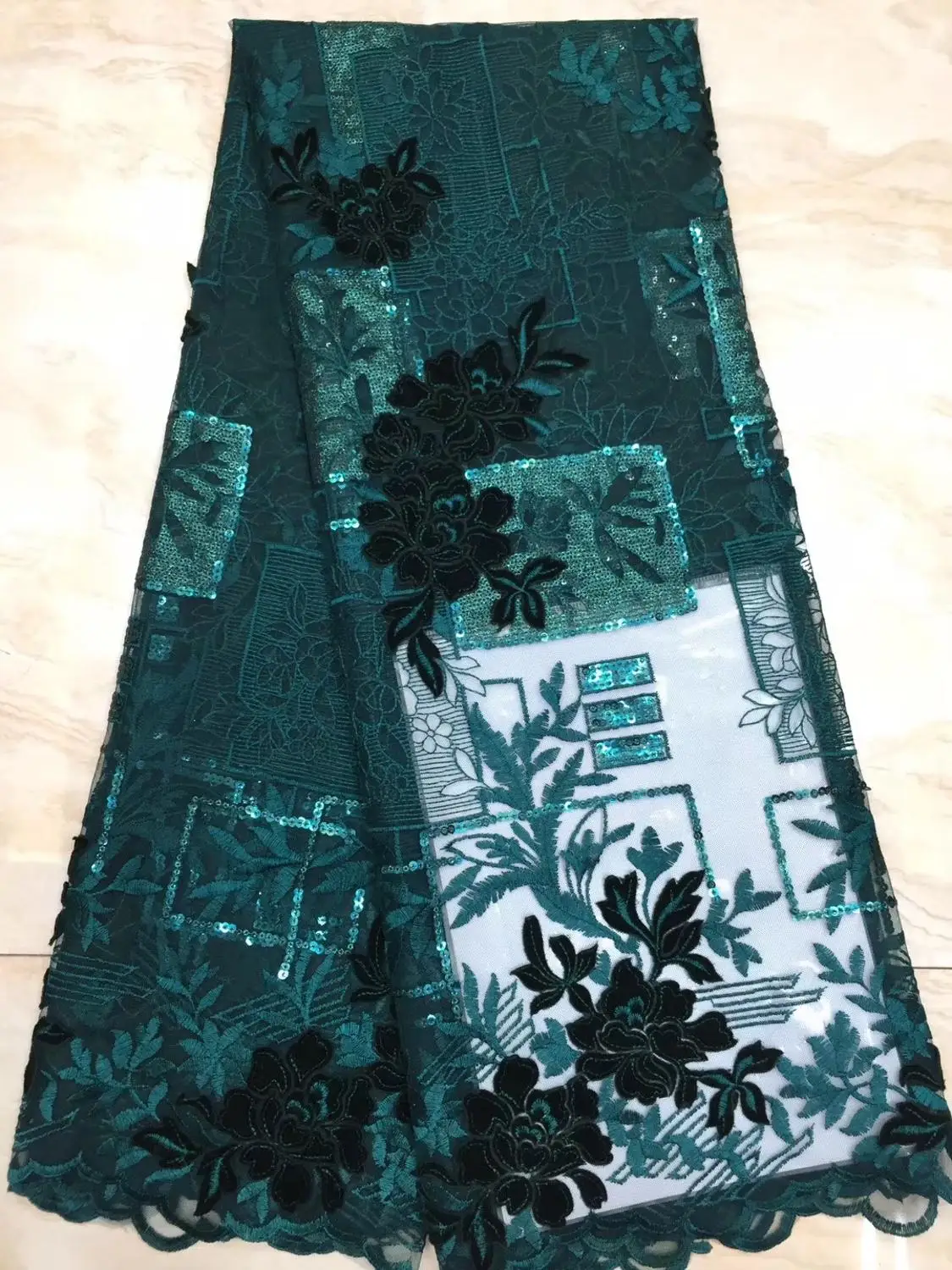 

African lace fabric 5yds/pce green sequins embroidery mesh fabrics women gorgeous luxury party exclusive bright dress 2019 new