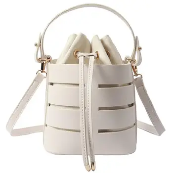 

Fashion Solid Color Hollow Leather Women Shoulder Messenger Bucket Tote Bag