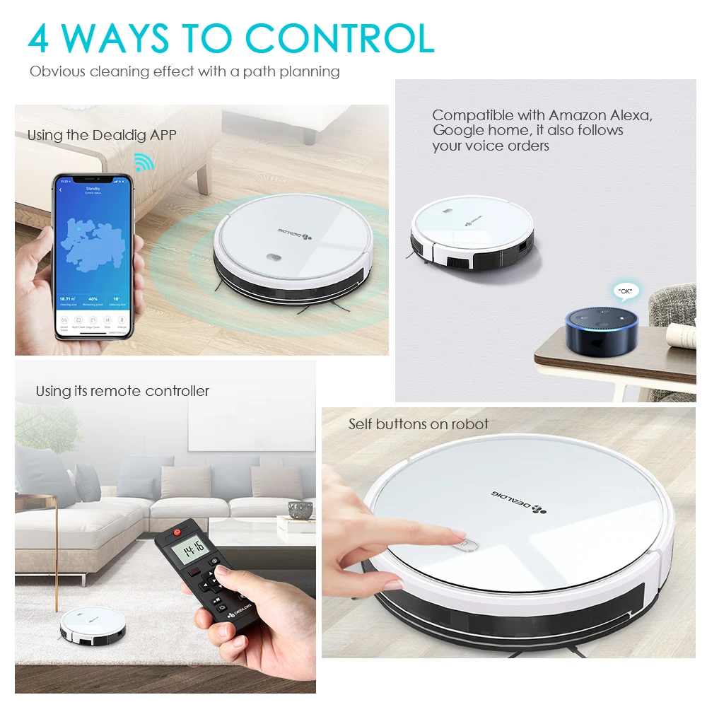 DEALDIG Robvacuum 8 Robot Vacuum Cleaner 1800 Pa Strong Suction Aspirator WiFi Connectivity Work For Alexa App Remote Control