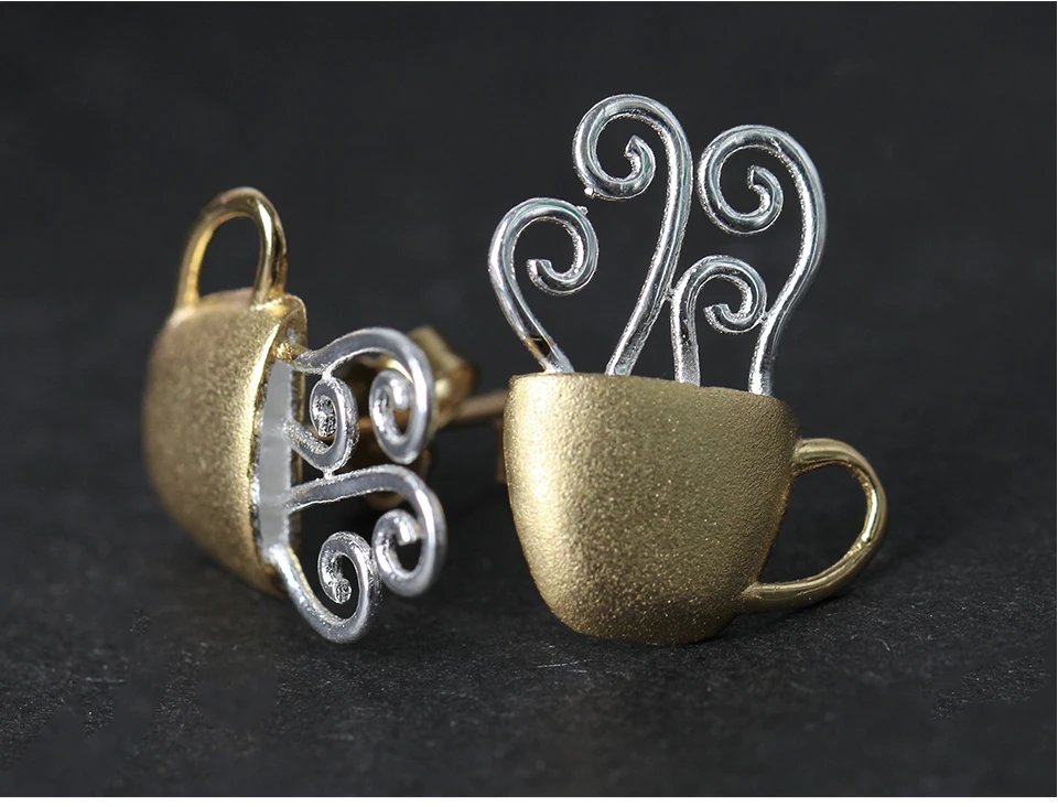 Muduh Collection Real 925 Sterling Silver Natural Creative Handmade Fine Jewelry Hot Coffee Cup Fashion Stud Earrings for Women Brincos