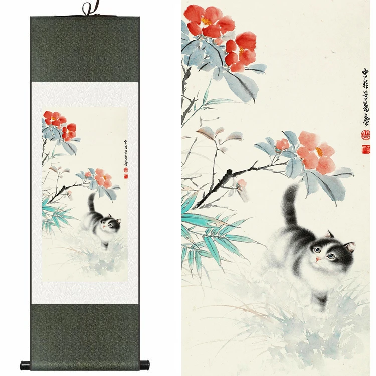 

Chinese Silk watercolor flower Animals Cats Kitten ink art print feng shui canvas wall picture damask framed scroll painting