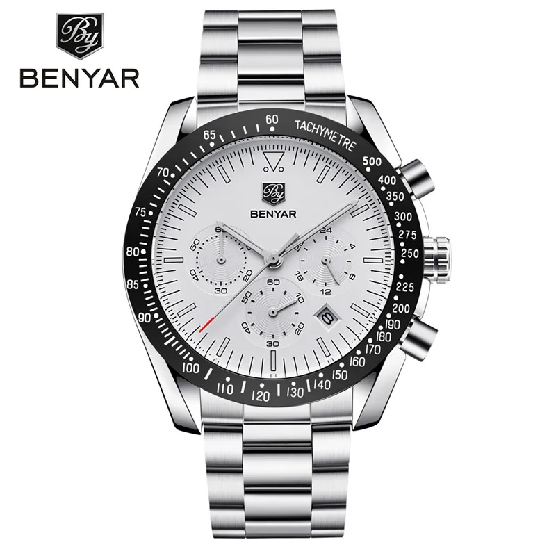Benyar мужские часы лучший бренд класса люкс полный стальной Бизнес Спорт хронограф кварцевые наручные часы Мужские relogio masculino saat - Цвет: Steel white B