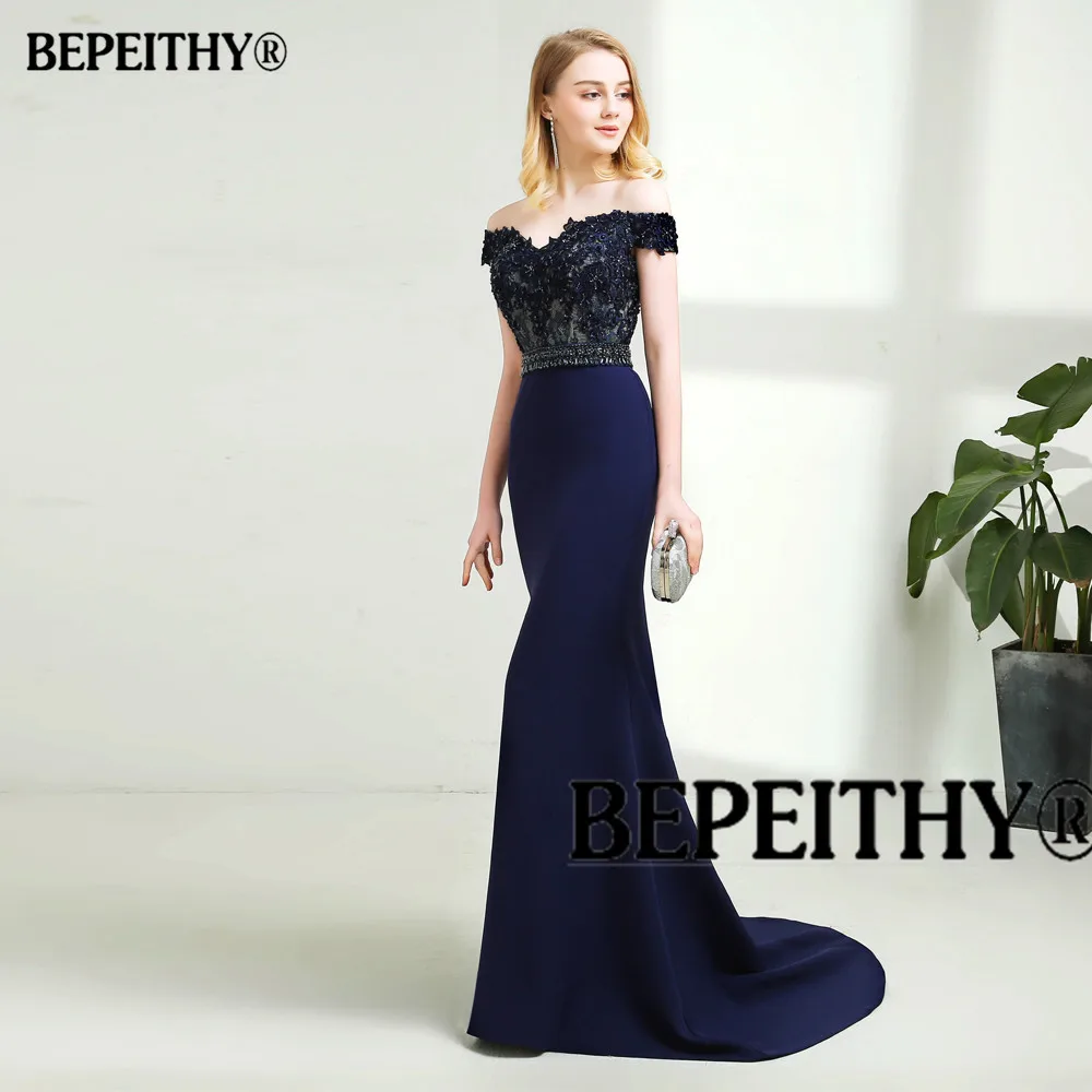 NAVY BLUE Новое поступление, длинное вечернее платье русалки с поясом из кристаллов, короткие кружевные платья для выпускного вечера со шлейфом и открытыми плечами - Цвет: NAVY BLUE