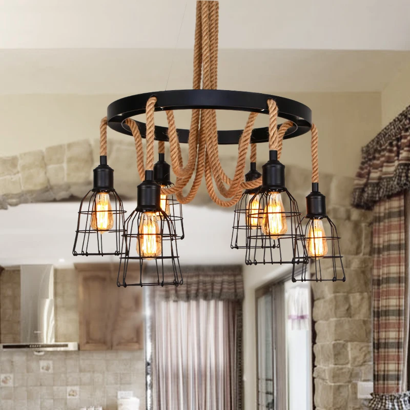 

Retro rope industry pendant light creative restaurant bar coffee shop clothing store hone lighting 6 heads pendant lamps GY38