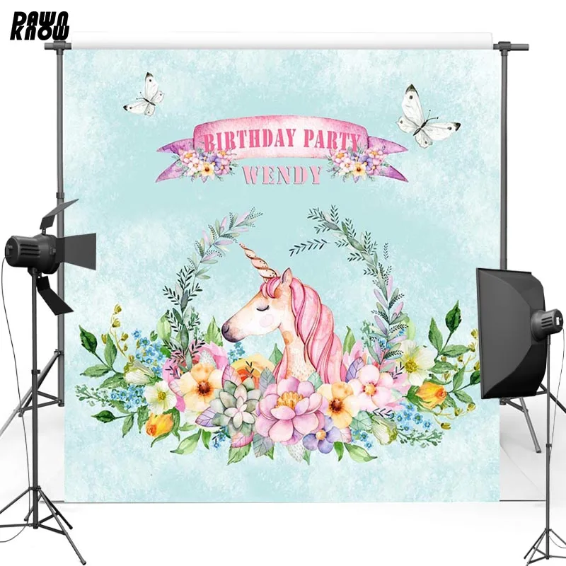 

DAWNKNOW Birthday Party Vinyl Photography Background Flower Unicorn Polyester Backdrop For Children Photo Studio Customize G108