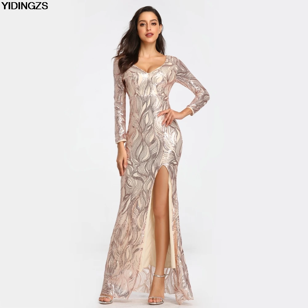 

YIDINGZS Sexy Sequins Prom Dress Womens V Neck Slit Long Sleeve Prom Party Dress