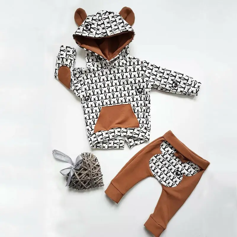 PUDCOCO/осенняя одежда для маленьких мальчиков и девочек, комплект одежды с капюшоном+ штаны, милый комплект с медведем