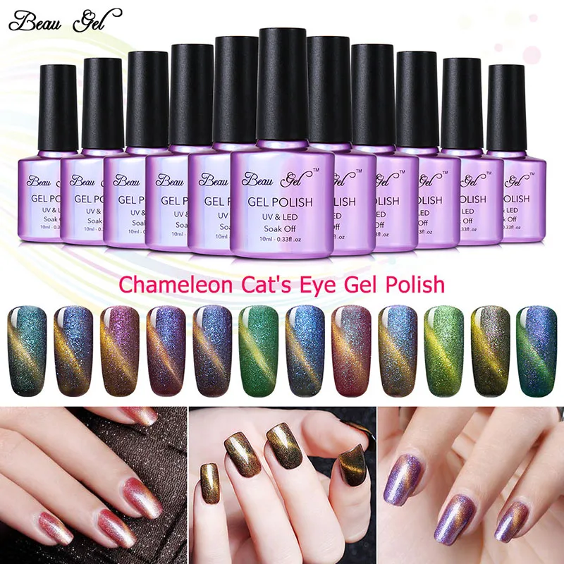 

Beau Gel 1Pcs 10ml UV Chameleon Gel Nail Polish 3D Magnetic Cat Eye Soak Off UV Gel Polish Glitter Varnish 24 Colors Gel Lak