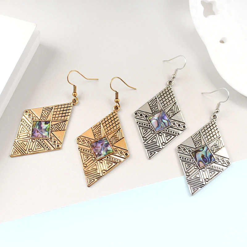 

Vintage Geometric rhombus engraving texture irregular shape inlaid gradient stone gold and silver two-color pendant earrings