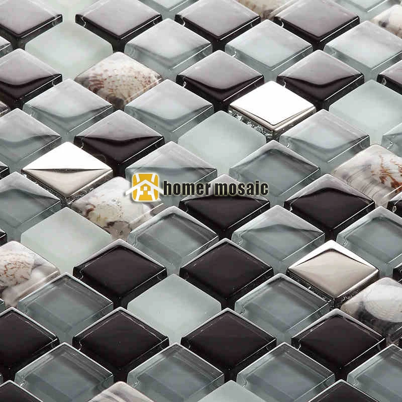 

black gray glass mixed stainless steel and sea shell mosaic for bathroom shower tiles kitchen backsplash tiles HMB1455