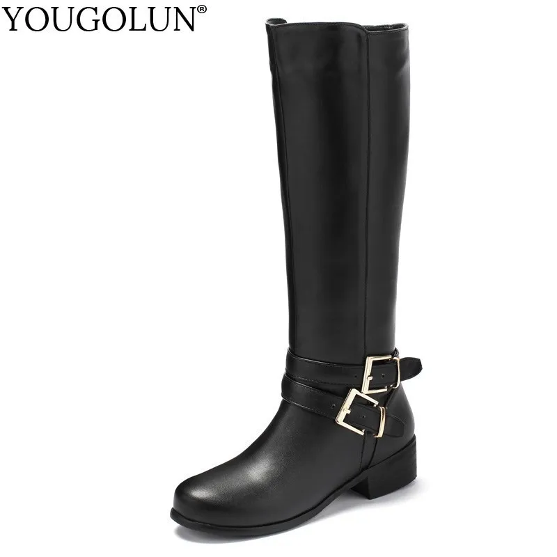 

Motorcycle Knee High Boots PU Women Winter Ladies Mid Heels A242 Fashion Woman Buckle Zipper Black Brown Round toe Warm Shoes