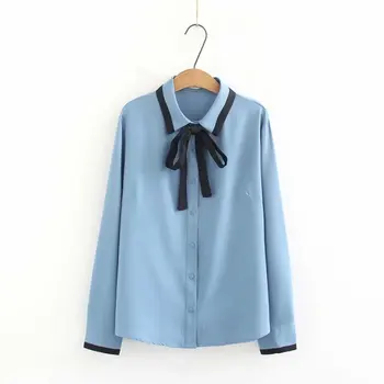 

Plus size turn-down collar long sleeve cotton blouses women 2019 blue white bow shirt Spring autumn ladies tops