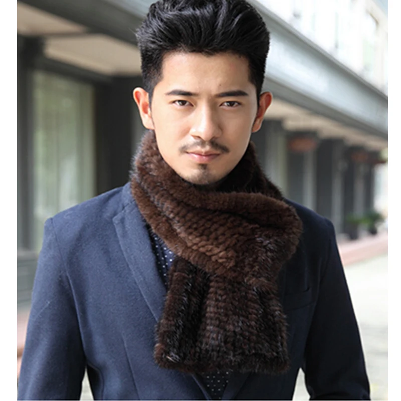 2017Fashion Men's Real Mink Knitted Scarf Winter Warm Hand Made Fur Scarf Luxury Mink Coat Truly Mink Fur Solid Men Scarves S#29