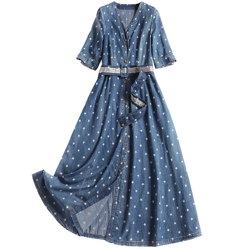 Women casual dress denim jeans star patterns V-neck short sleeve sashes a-line dresses new 2019 summer blue