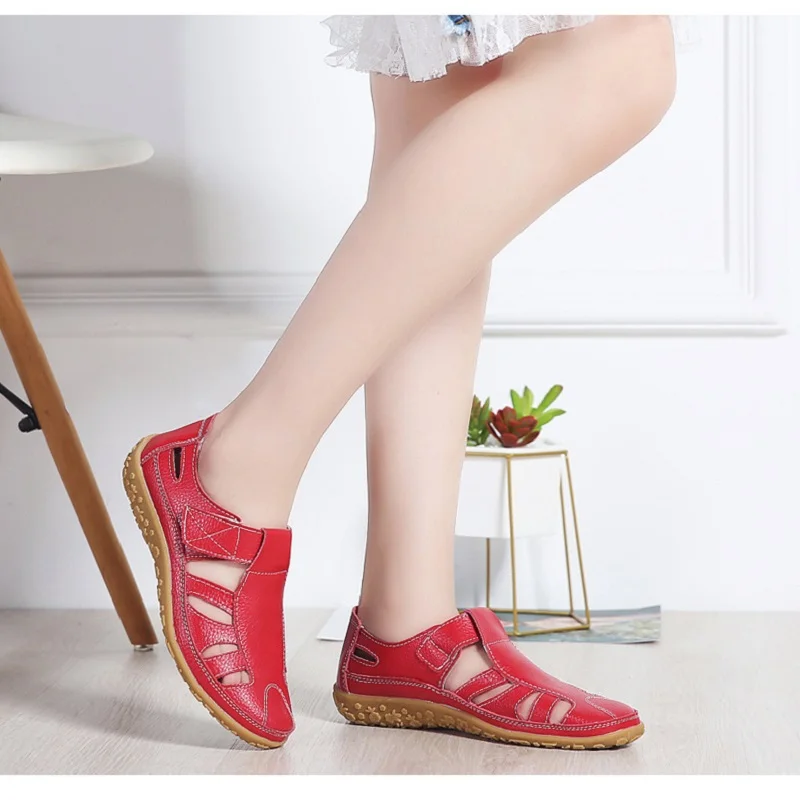 

Women Genuine Leather Gladiator Sandals Shoes Hollow out Flat Sandals Ladies Casual Soft bottom Summer Shoes Women Beach Sandal