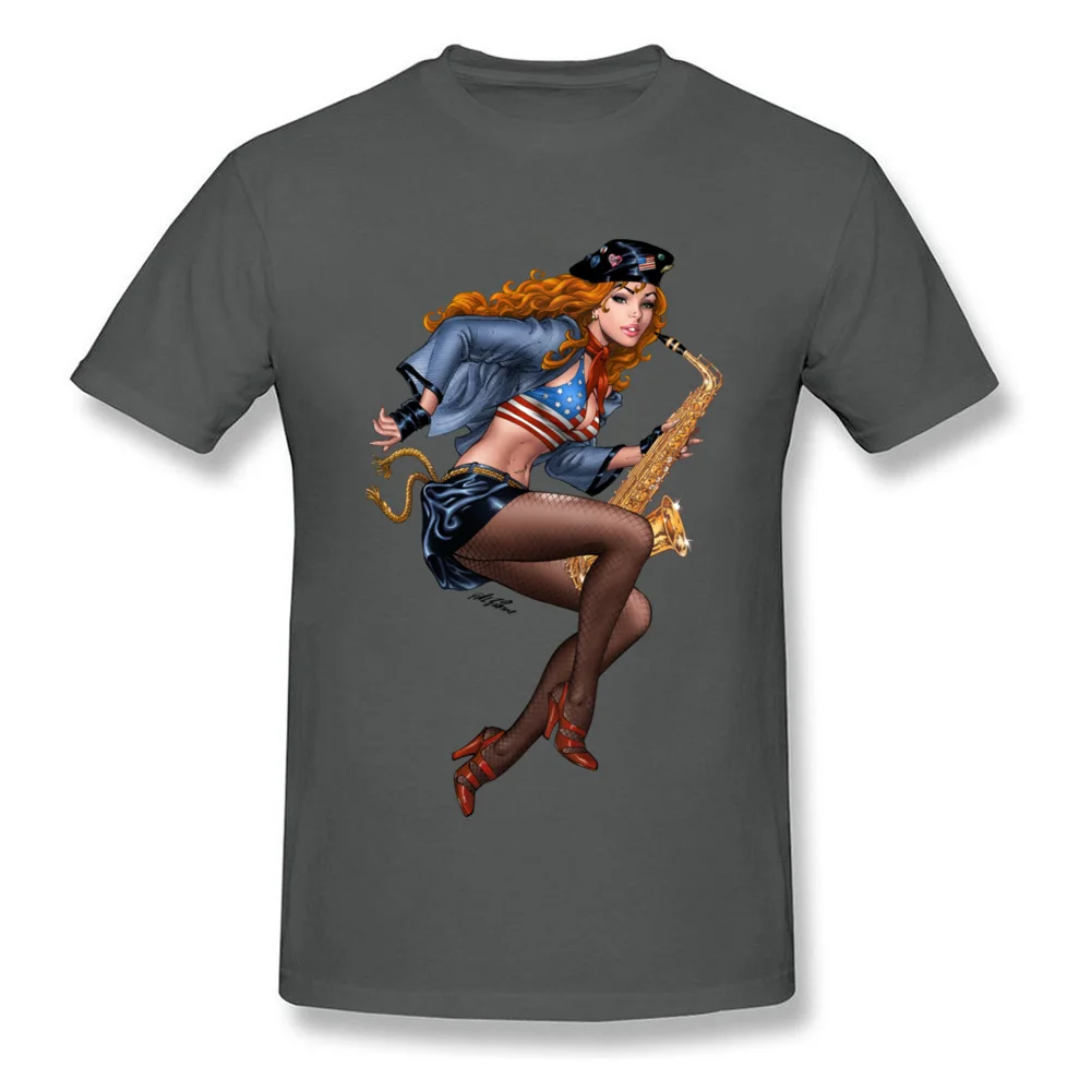 Cool Saxophone Playing Redhead Pinup Tops Shirt New Fashion Crew Neck Funny Short Sleeve 100% Cotton Student T Shirt Tee Shirts Cool Saxophone Playing Redhead Pinup carbon