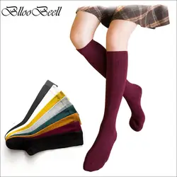 BllooBeell Для женщин носки колено милые длинные хлопковые носки для Осенне-зимняя Дамская обувь для школьниц носки Повседневное одноцветное