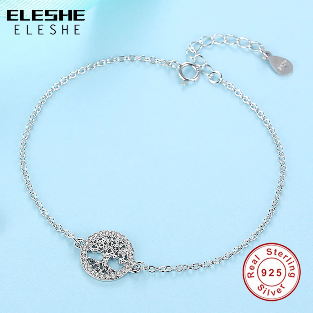 ELESHE 925 Sterling Silver Tree of Life Link Chain Bracelet Cubic Zirconia Charm Bracelet for Women Fashion Jewelry Pulseiras