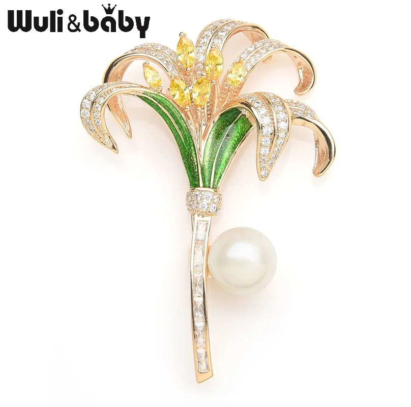 Wuli&baby Luxury Crystal Lily Enamel Brooches For Women Simulated Pearl Rhinestone Flower Weddings Banquet Brooch Pins Gifts Wuli&baby Luxury Crystal Lily Enamel Brooches For Women Simulated Pearl Rhinestone Flower Weddings Banquet Brooch Pins Gifts