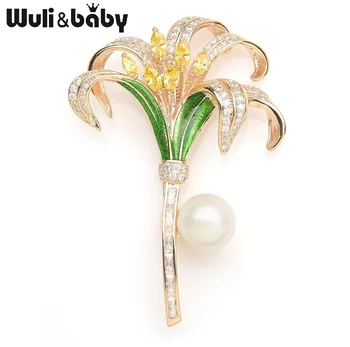 

Wuli&baby Luxury Crystal Lily Enamel Brooches For Women Simulated Pearl Rhinestone Flower Weddings Banquet Brooch Pins Gifts