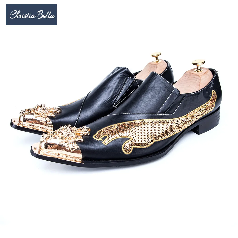

Christia Bella Fashion Brand Luxury Sequins Men Wedding Dress Shoes Genuine Leather Gold Pointed Toe Formal Shoes Large Size