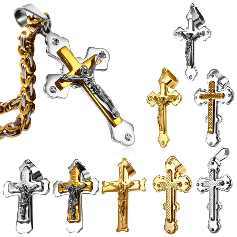 

1PC Titanium Steel Multilayer Cross Christ Jesus Pendant Necklace Gold Steel Link Byzantine Chain Cool Heavy Men Body Jewelry