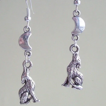 

HOT ! Fashion Jewelry Earrings Howling Wolf & Crescent Moon Charm Drop Earrings Pendant Tibetan silver for woman gift -99
