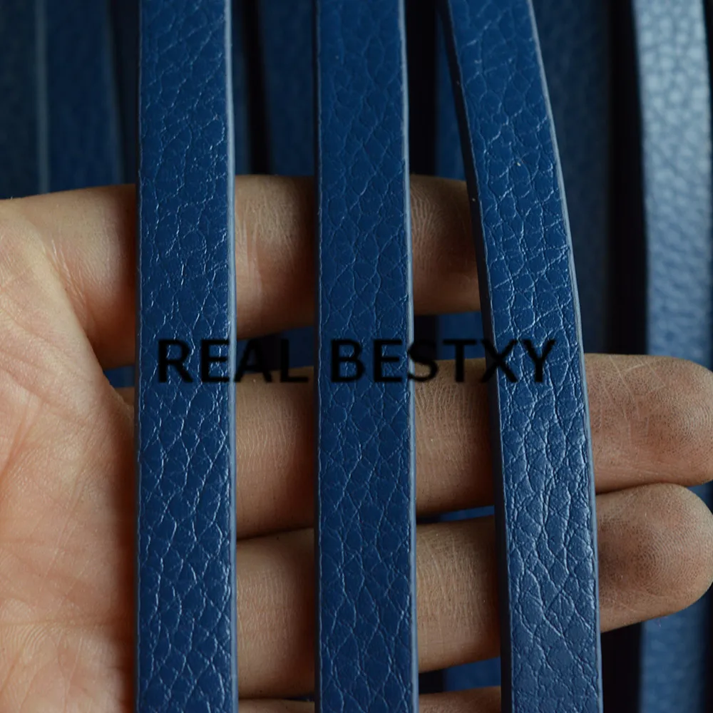 REAL BESTXY 5mlot  10*3mm blue flat leather cords strings with litchi pattern oil edged flat leather strips for bracelets make