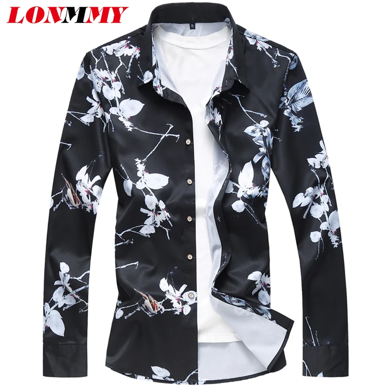 LONMMY 5XL 6XL 7XL гавайская рубашка мужская блуза с длинными рукавами мужские платья рубашки повседневные Черные blusas masculina мужская одежда цветок Новинка