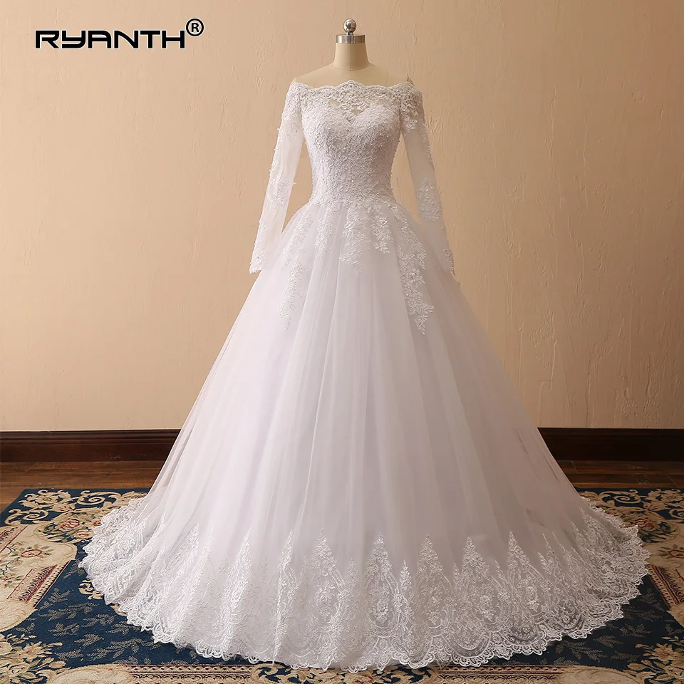 Robe de mariage Vestido de Noiva дешевый с длинным рукавом Кружевное бальное платье свадебное платье со шнуровкой блестящее свадебное платье для принцессы