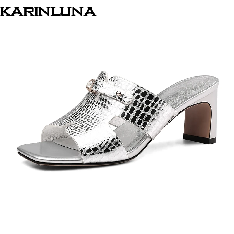 

KarinLuna New Brand Peep teo Mules Women Summer Genuine Leather High Heels Slippers women shoes woman