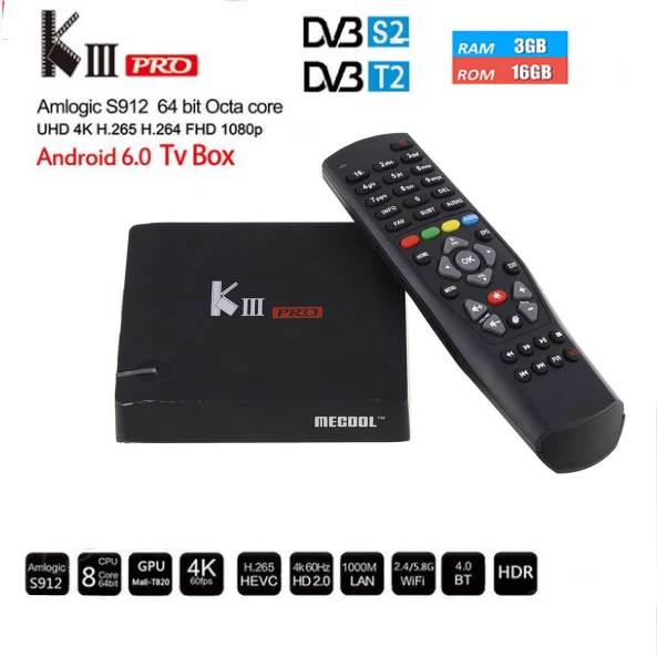 Mecool KIII Pro DVB-T2/S2 3g 16G ТВ приставка Android 7,1 4k спутниковый ресивер Amlogic S912 Восьмиядерный 4K 2,4G и 5G Wifi BT4.0 k3 pro - Цвет: KIII PRO only