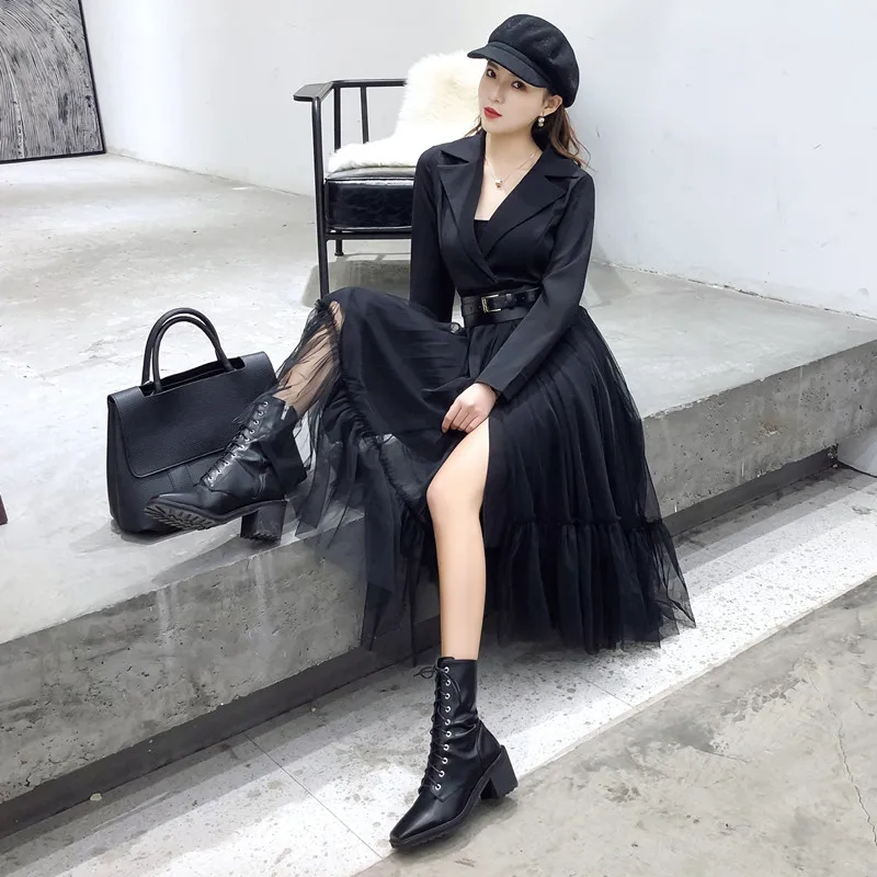 

European Style Dress Lady Spring and Autumn 2019 New Mesh Patchwork Dress Elegant Work Women Slim Blazer Dresses Fashion Suit