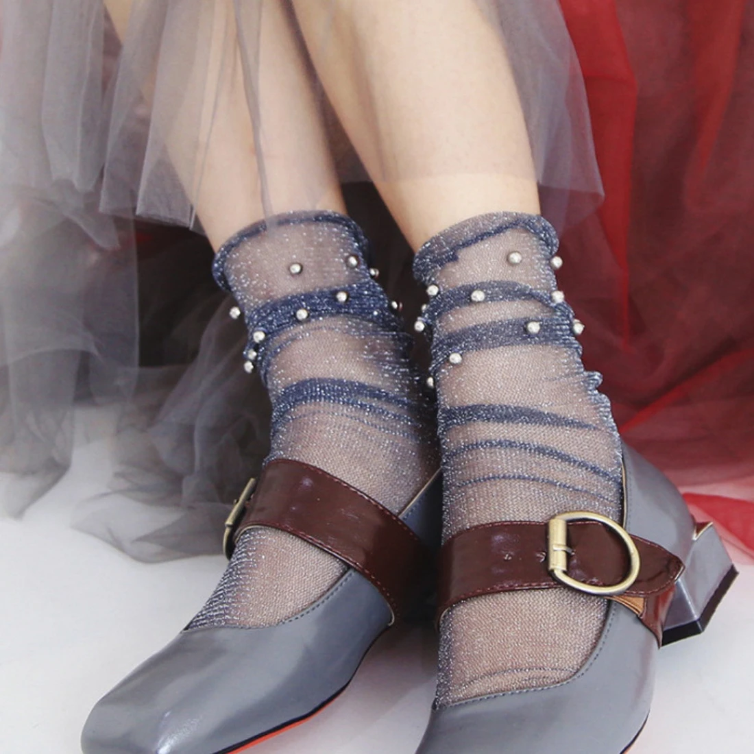 Горячая блестящая сетка серебряные бусы носки женские блестящие Harajuku мягкие носки до лодыжки смешная Прозрачная Марля сетчатые чулки сетчатые носки