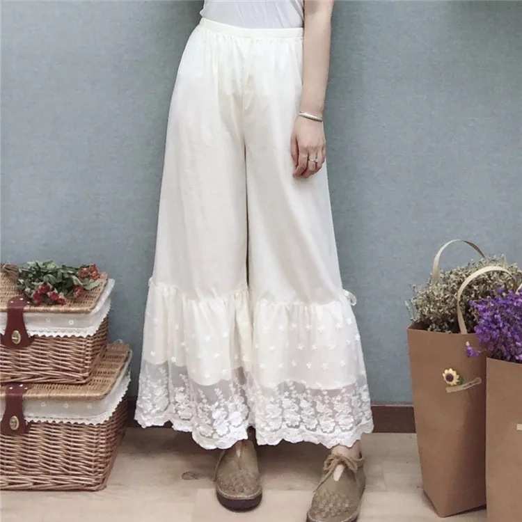 

Japanese Mori Girl Style Wide Leg Pants Sweet Embroidery Lace Elastic Waist Plus Size Women Basic Trousers Pantalones 1382