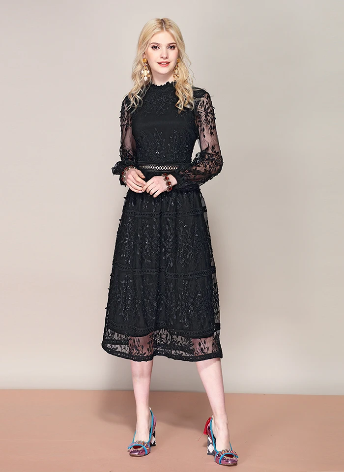 LD LINDA делла осеннее модное подиумное винтажное черное платье женское с длинным рукавом однотонное Сетчатое с цветочной вышивкой вечернее платье с блестками