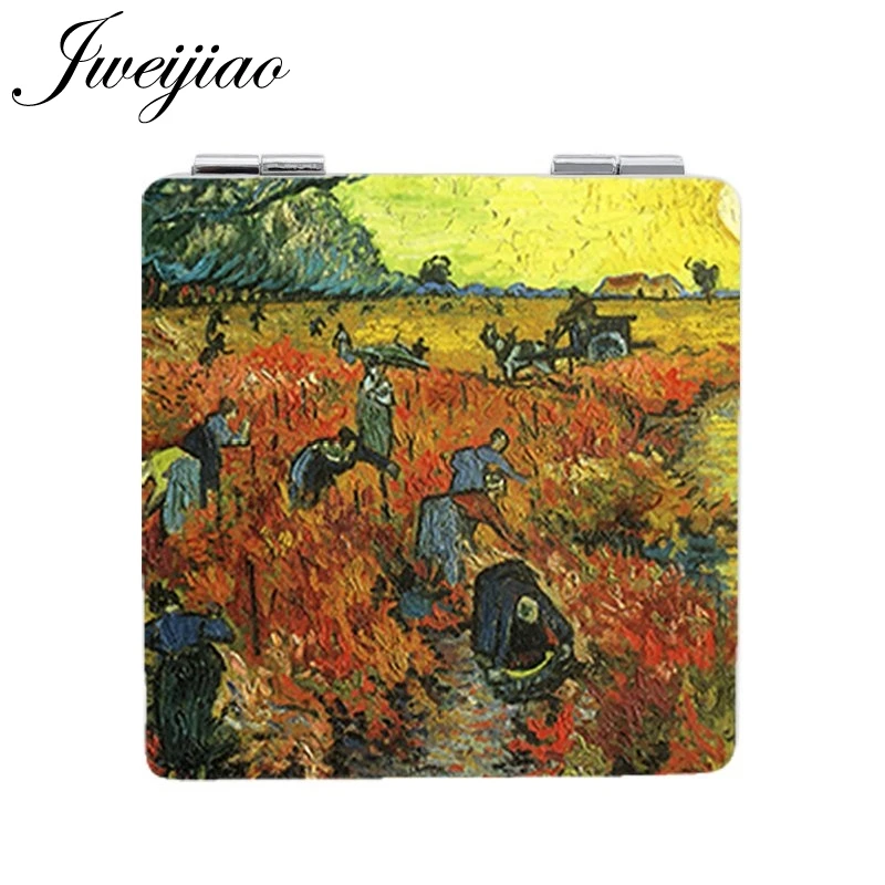 

JWEIJIAO Red vineyards Oil photo Beauty Health makeup mirrors Square Folding 1X/2X Magnifying leather pocket mirror ZZ103