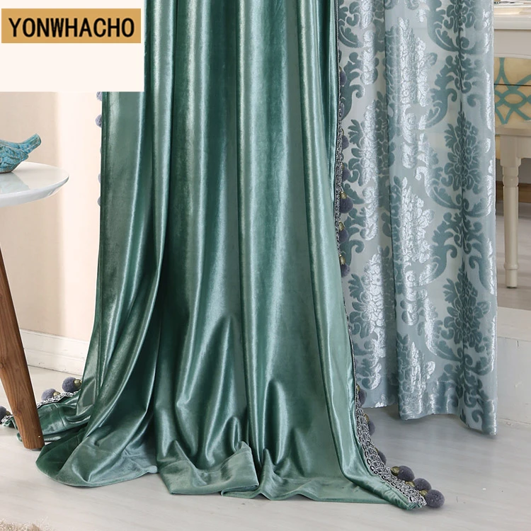 Пользовательские шторы Роскошные плотные полный оттенок итальянский бархат ультра высокий Агат зеленая ткань затемненные шторы тюль шторы N549