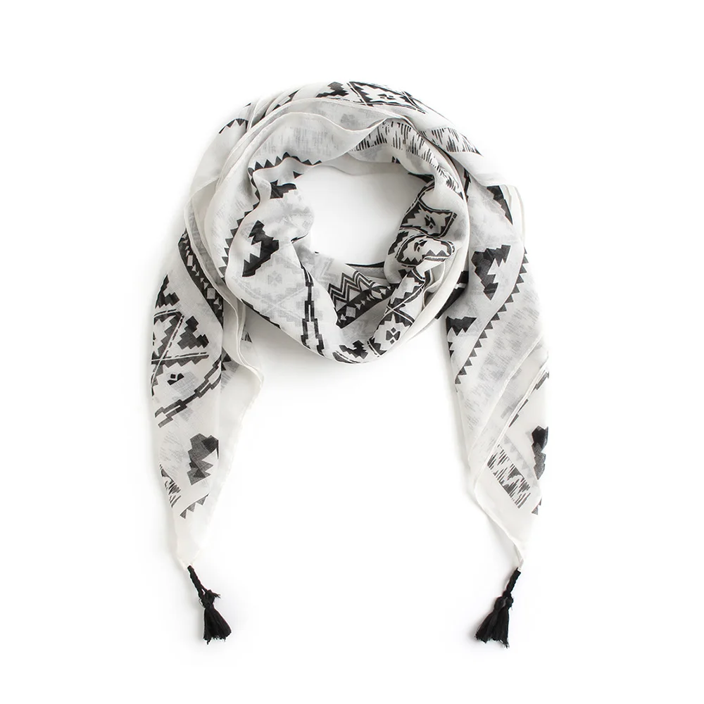 

Black white geometric rhombus print 100% cotton square scarf with tassel hijab bandana lady thin voile scarves women shawl wraps