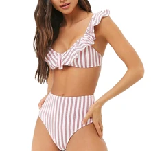 Womens High Waisted Bikini Set Two Piece Swimsuit Push Up Padded Swimwear Retro Ruffle Flounce Triangle Bathing Suit Striped striped flounce bikini set