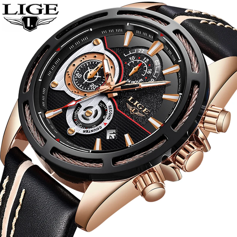 

LIGE Mens Watches Top brand luxury Fashion Military Quartz Watch Mens Leather Business Waterproof Sport Watch Relogio Masculino