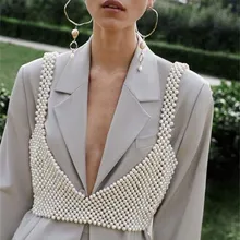 2019 Handmade Pearls Vest Women Tops Beading Vests Sleeveless Camis Streetwear Hollow Out Crop Top pearl beading foldover bardot crop top