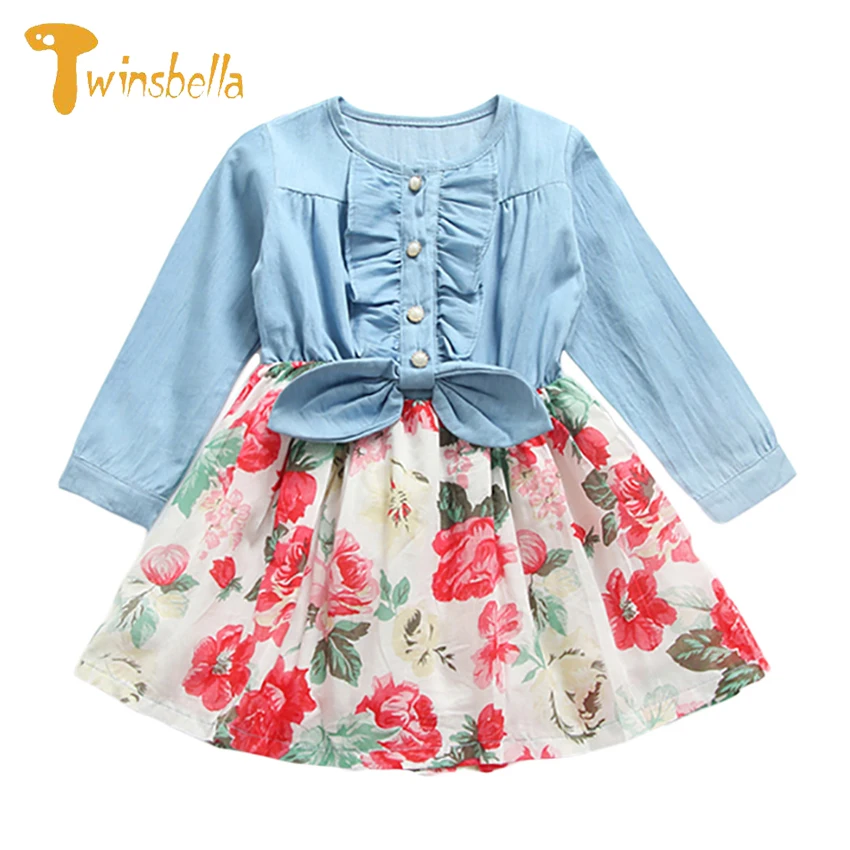 TWINSBELLA Children Autumn Dress 2019 Kids New Spring Flower Print Girl Dress Girls Long Sleeve Stitching Princess Vestidos