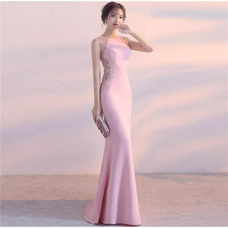 Solid Pink Cotton & Mesh Beaded Floral Appliques Mermaid Sexy Club Dresses 2018 New Arrival Party Dress Women Vestido Long Slim (2)